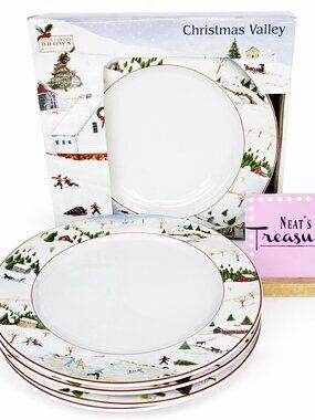2002 David Carter Brown HOLIDAY Sakura CHRISTMAS VALLEY Dinner Plate Set 4 NEW